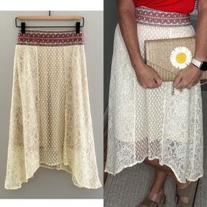 NWT Flying Tomato Lace Skirt Boho Style Midi Length Cream Red Orange Size Small